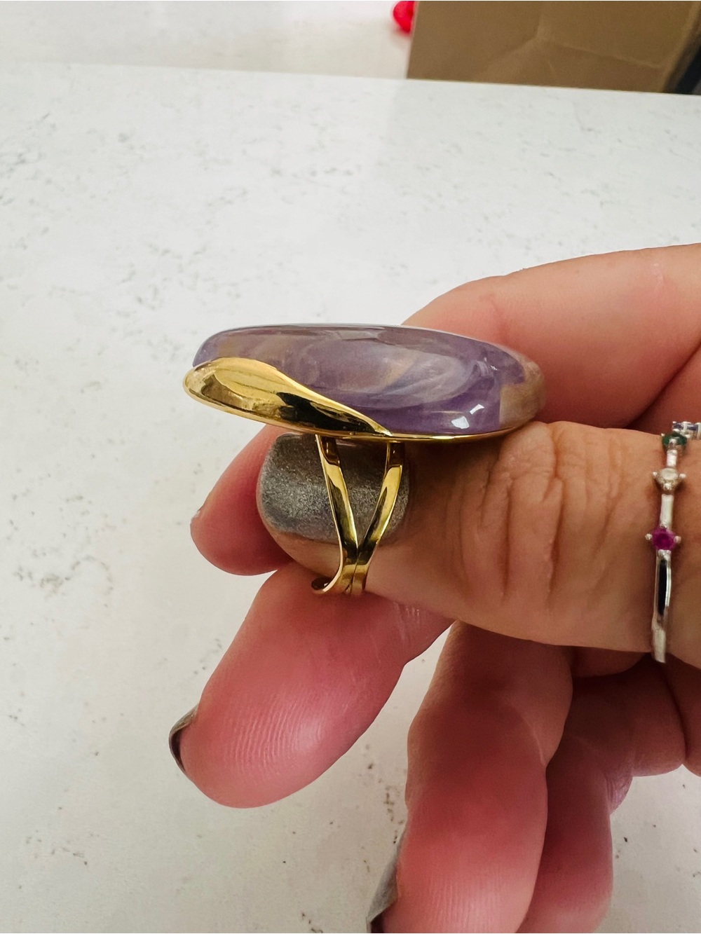 Gold Tone Stainless Steal Purple Bezel Set Statement Ring Adjustable